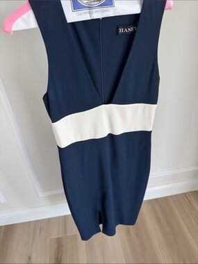 Brand new, no tag but never worn,Haney Navy Midi Dress with White Contrast Waist